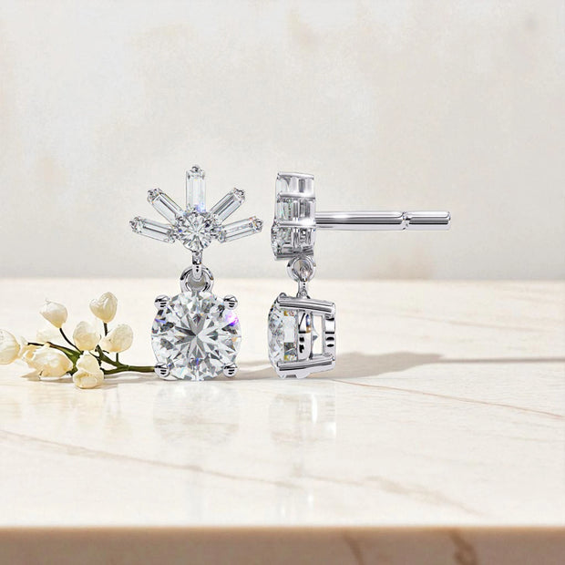 Round And  Baguette Cut Solitaire Moissanite Diamond Dangle Earrings