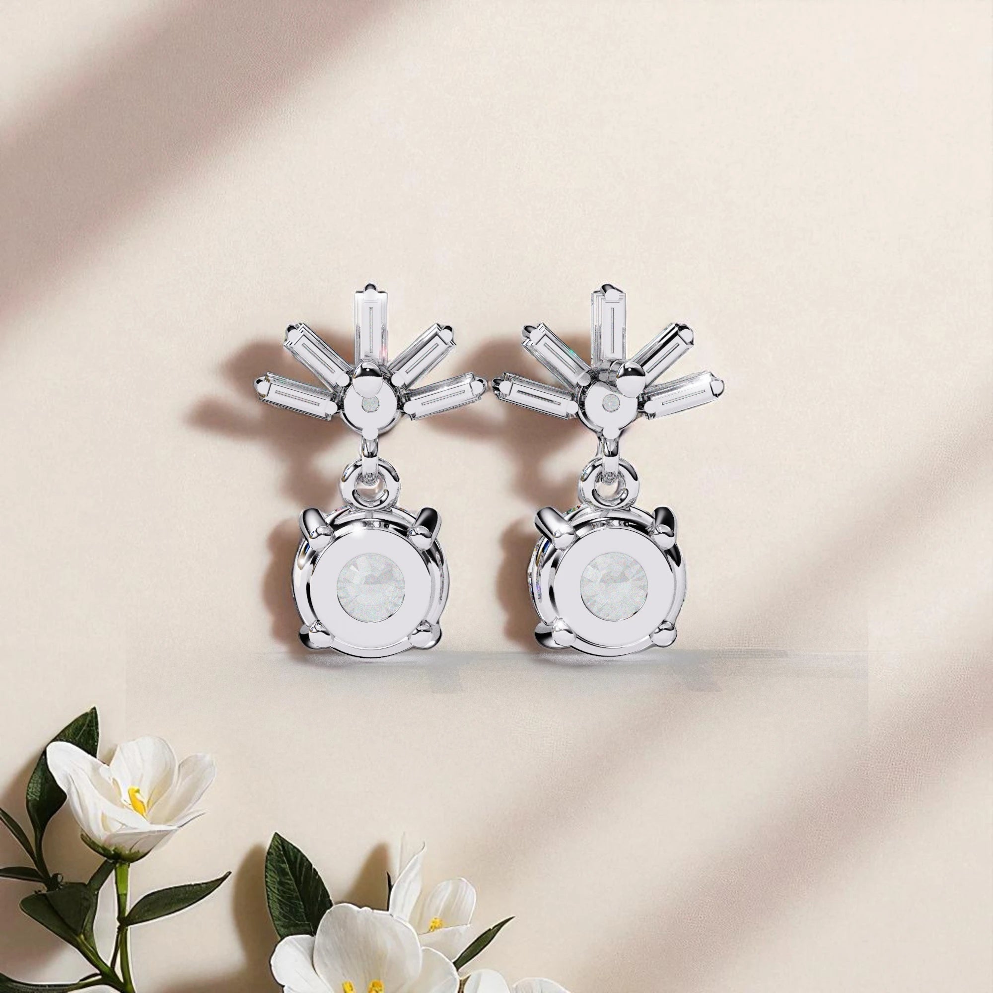Round And  Baguette Cut Solitaire Moissanite Diamond Dangle Earrings