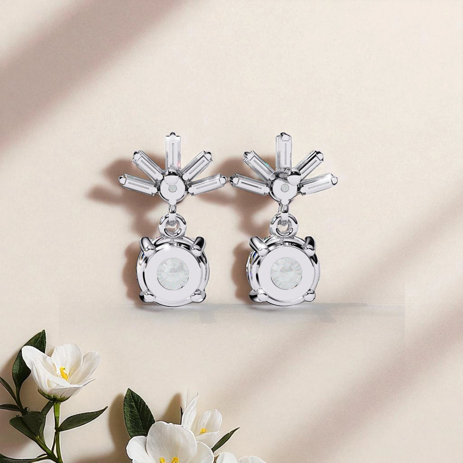Round And  Baguette Cut Solitaire Moissanite Diamond Dangle Earrings