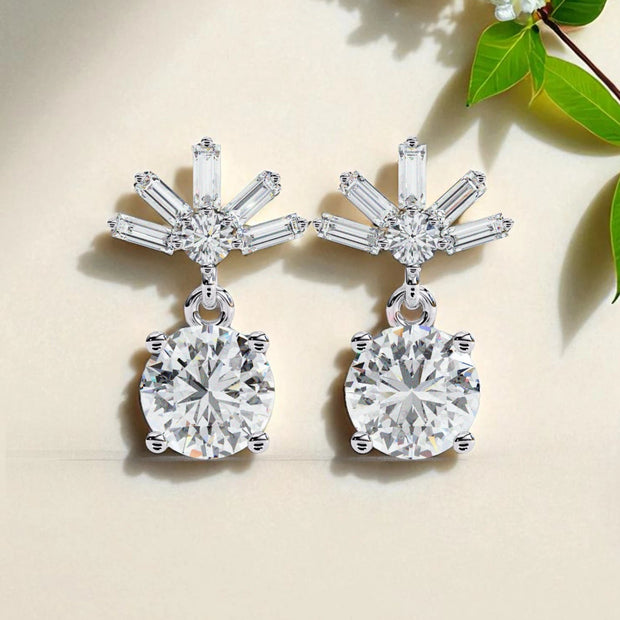 Round And  Baguette Cut Solitaire Moissanite Diamond Dangle Earrings
