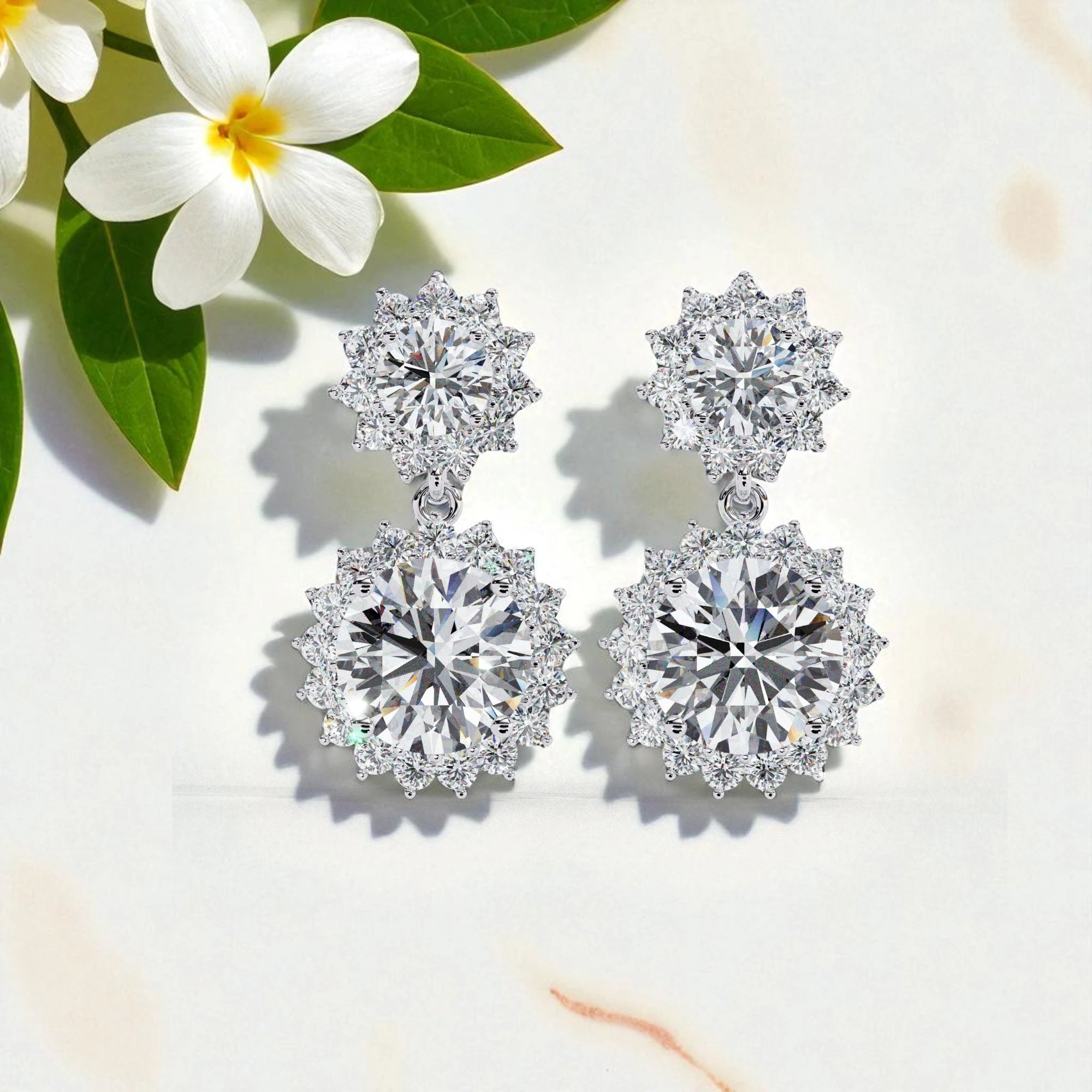 Solitaire Halo Moissanite Diamond Sterling Silver Dangle Earrings