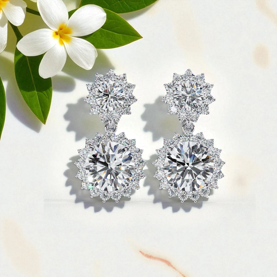 Solitaire Halo Moissanite Diamond Sterling Silver Dangle Earrings