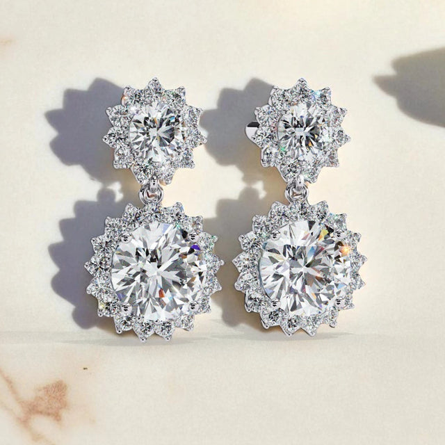 Solitaire Halo Moissanite Diamond Sterling Silver Dangle Earrings