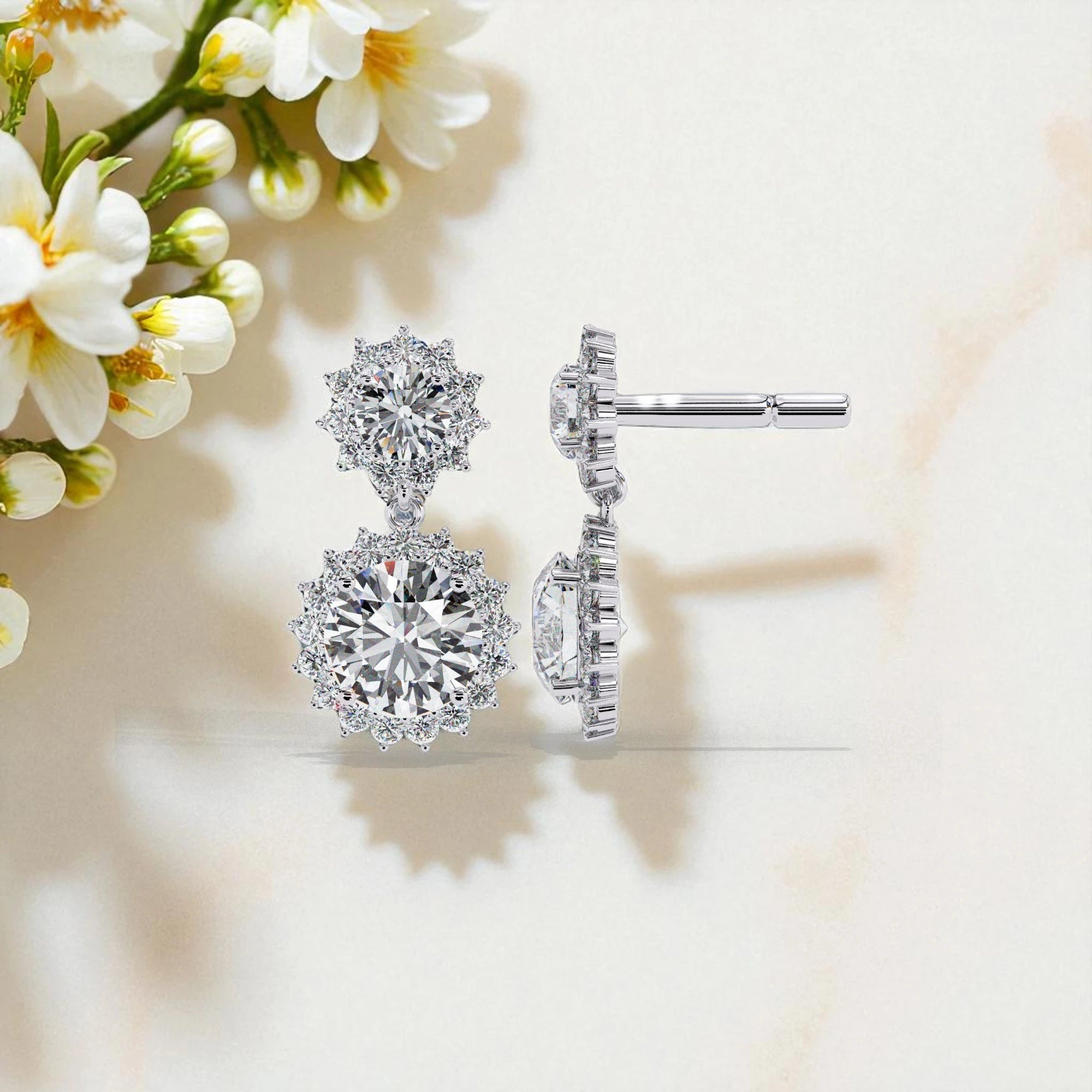 Solitaire Halo Moissanite Diamond Sterling Silver Dangle Earrings