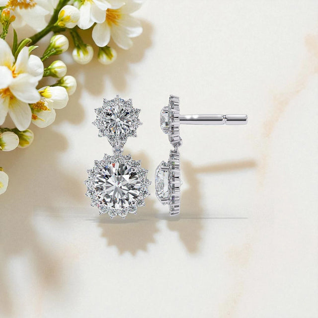 Solitaire Halo Moissanite Diamond Sterling Silver Dangle Earrings