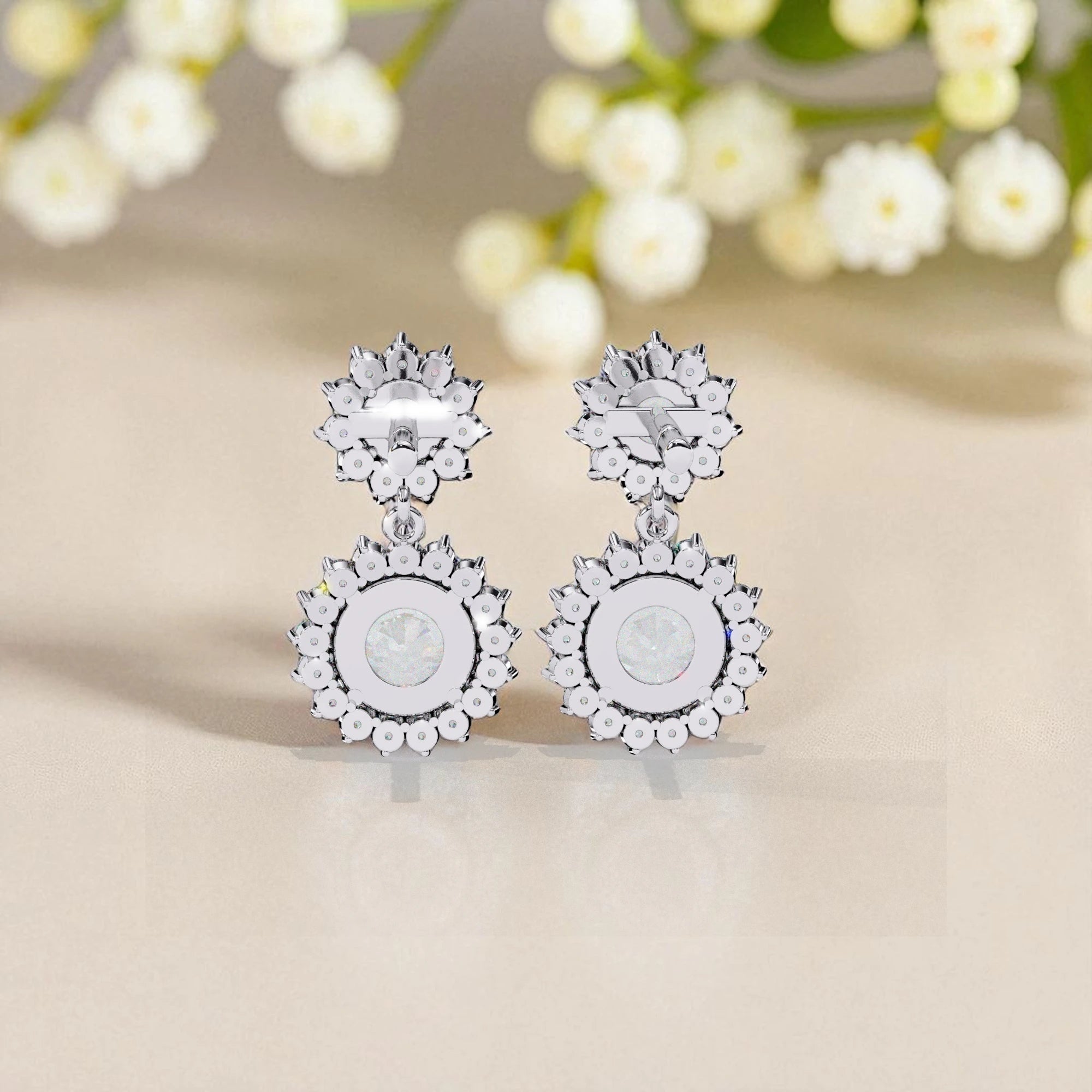 Solitaire Halo Moissanite Diamond Sterling Silver Dangle Earrings