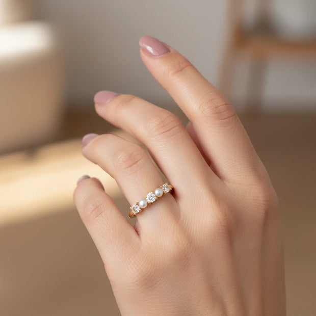 Pearl & Moissanite Statement Ring – Gold Vermeil Plated – Elegant Vintage Style Band