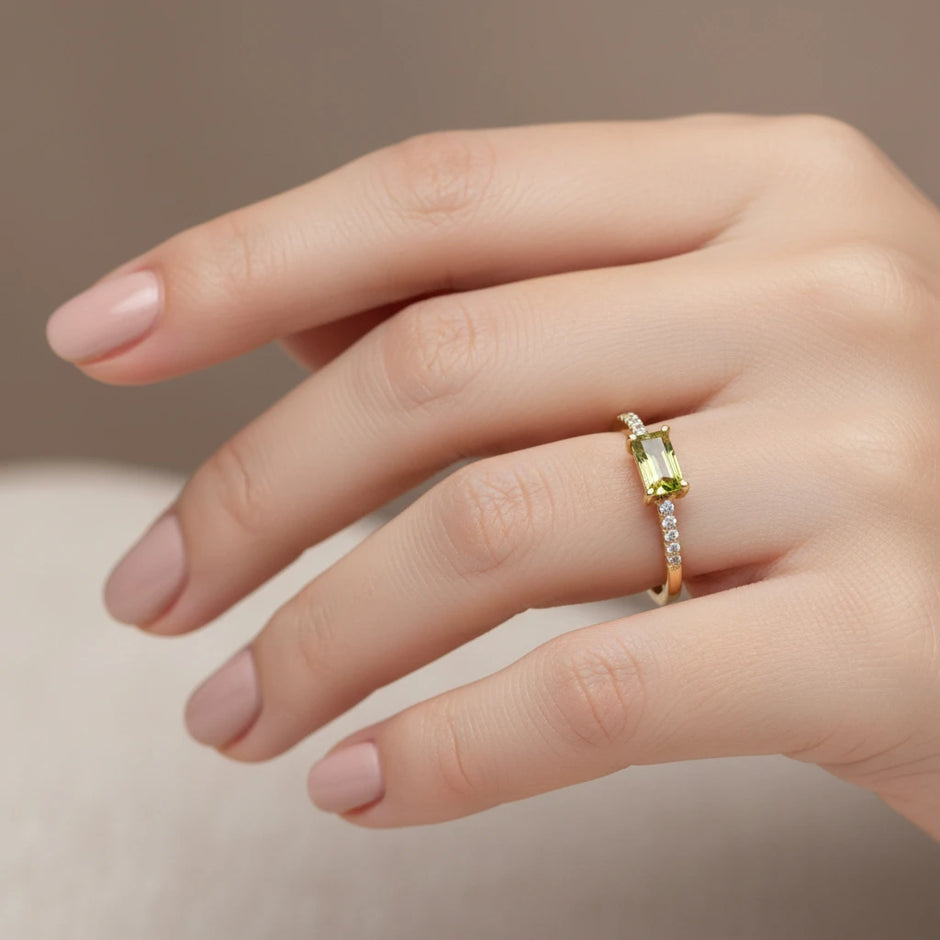 Peridot & Moissanite Ring – Emerald Cut Green Stone with Gold Vermeil Band