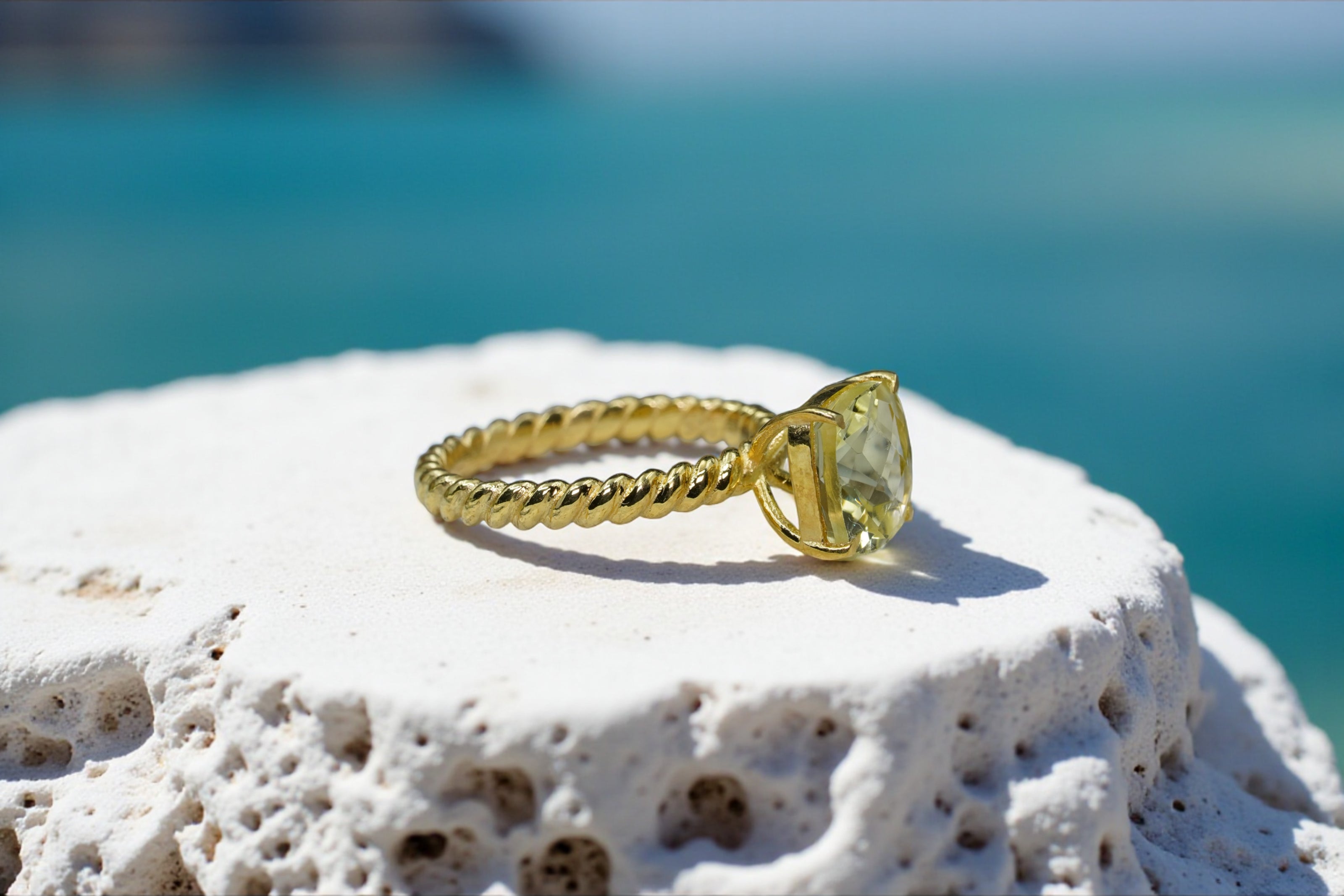 Natural Green Amethyst Twisted Band Eternity 14k Gold Vermeil Ring