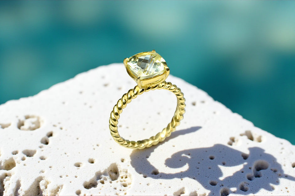 Natural Green Amethyst Twisted Band Eternity 14k Gold Vermeil Ring