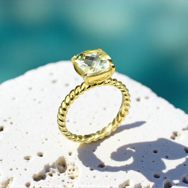 Natural Green Amethyst Twisted Band Eternity 14k Gold Vermeil Ring