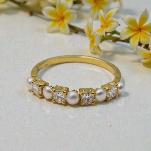 Pearl & Moissanite Statement Ring – Gold Vermeil Plated – Elegant Vintage Style Band
