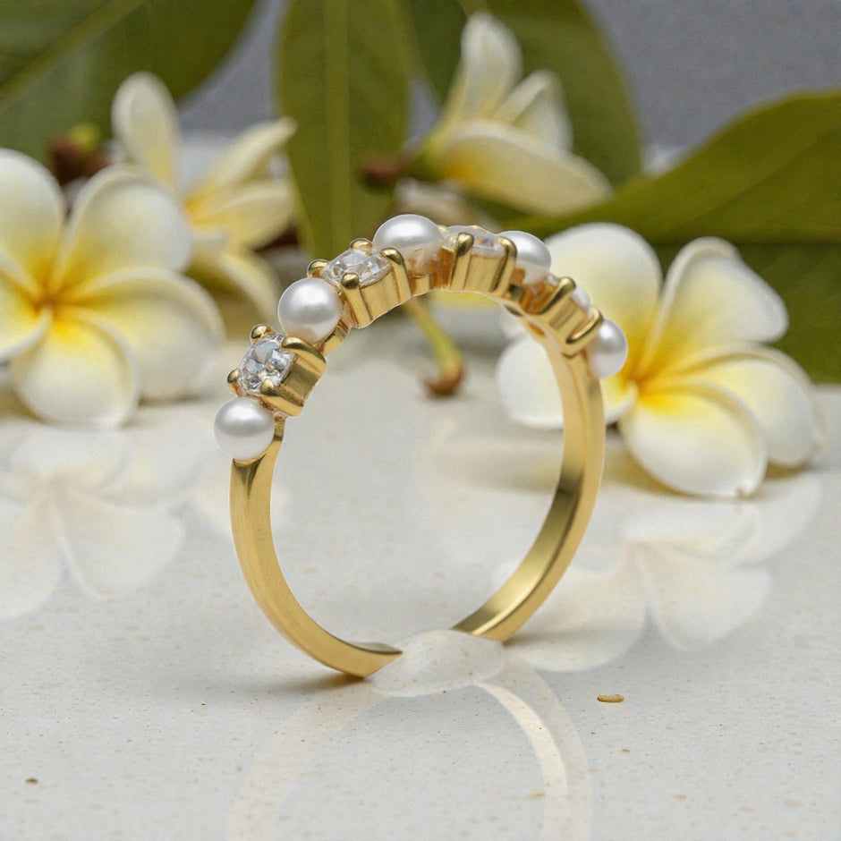 Pearl & Moissanite Statement Ring – Gold Vermeil Plated – Elegant Vintage Style Band