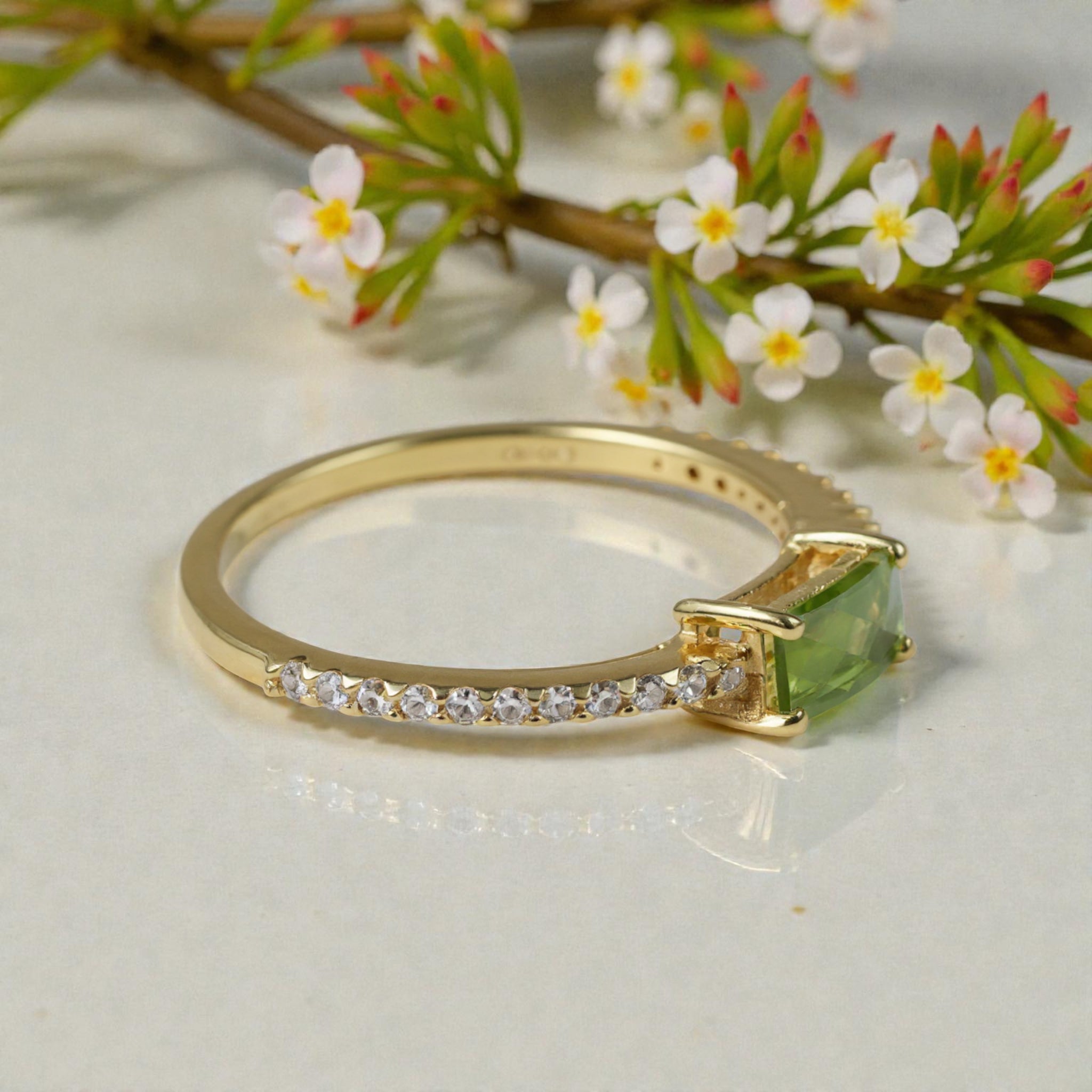 Peridot & Moissanite Ring – Emerald Cut Green Stone with Gold Vermeil Band