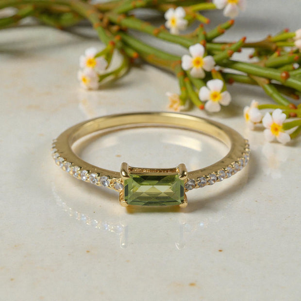 Peridot & Moissanite Ring – Emerald Cut Green Stone with Gold Vermeil Band