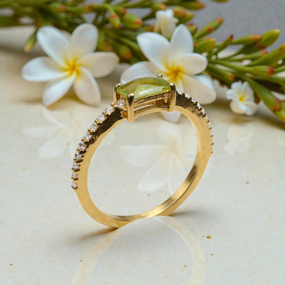 Peridot & Moissanite Ring – Emerald Cut Green Stone with Gold Vermeil Band