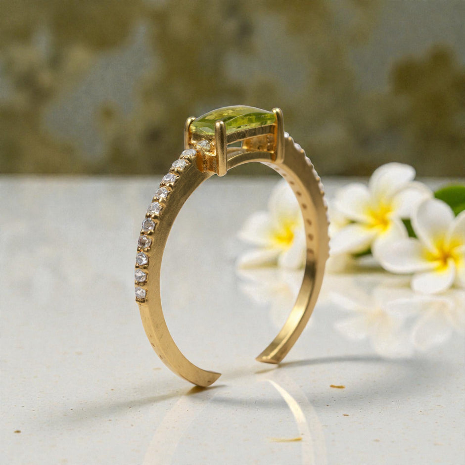 Peridot & Moissanite Ring – Emerald Cut Green Stone with Gold Vermeil Band