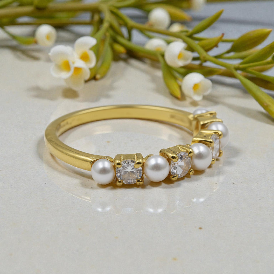 Pearl & Moissanite Statement Ring – Gold Vermeil Plated – Elegant Vintage Style Band