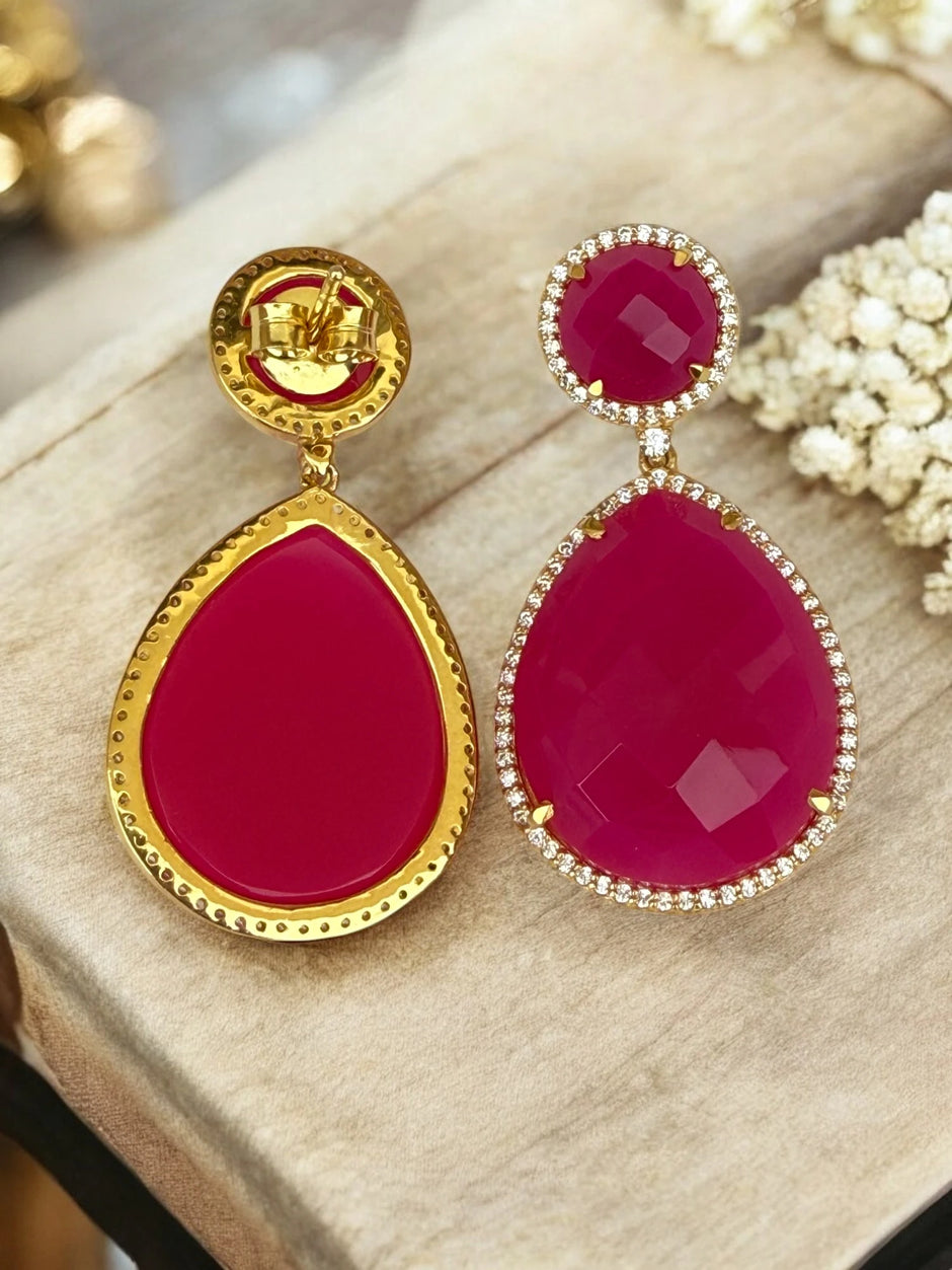 Crimson Camellia Ruby Red Dangle Earrings