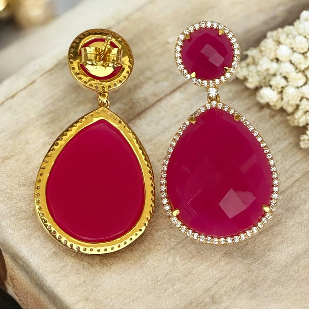 Crimson Camellia Ruby Red Dangle Earrings