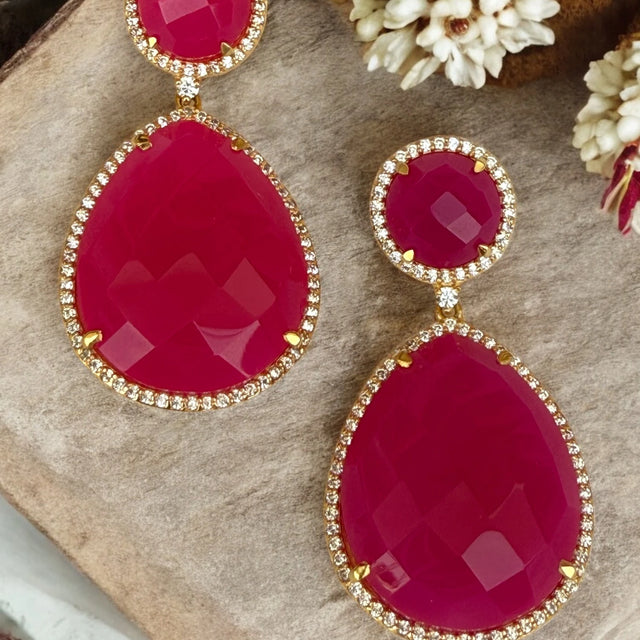 Crimson Camellia Ruby Red Dangle Earrings