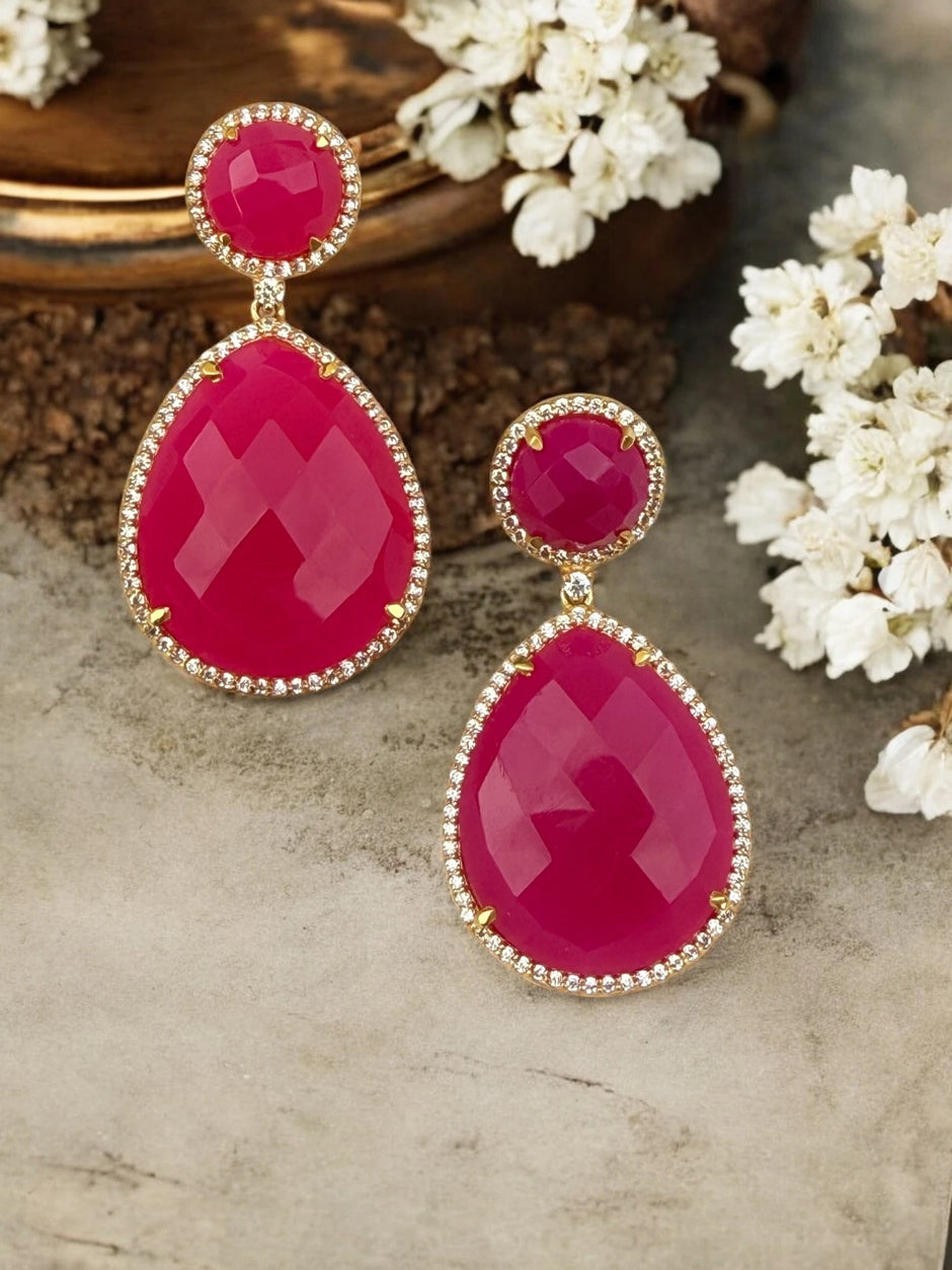 Crimson Camellia Ruby Red Dangle Earrings