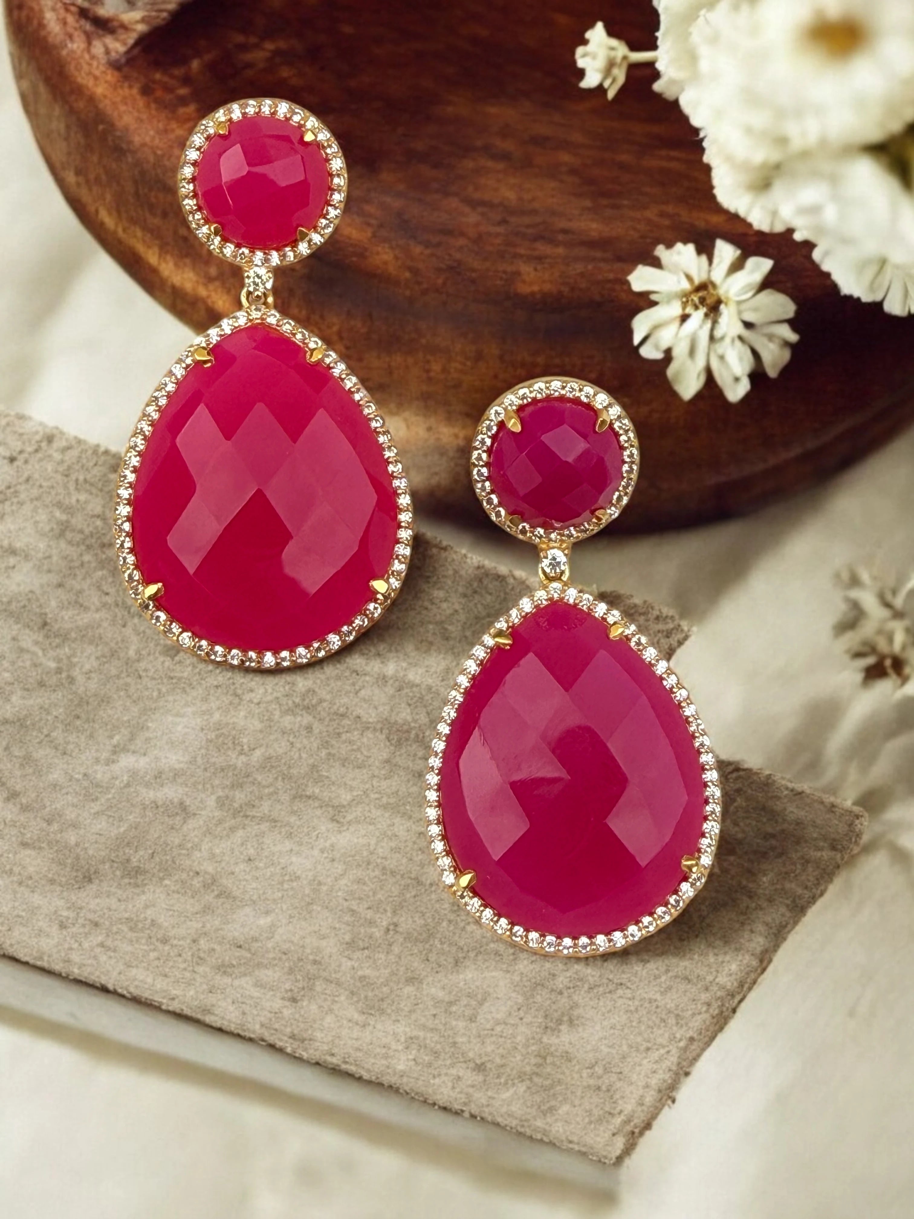 Crimson Camellia Ruby Red Dangle Earrings